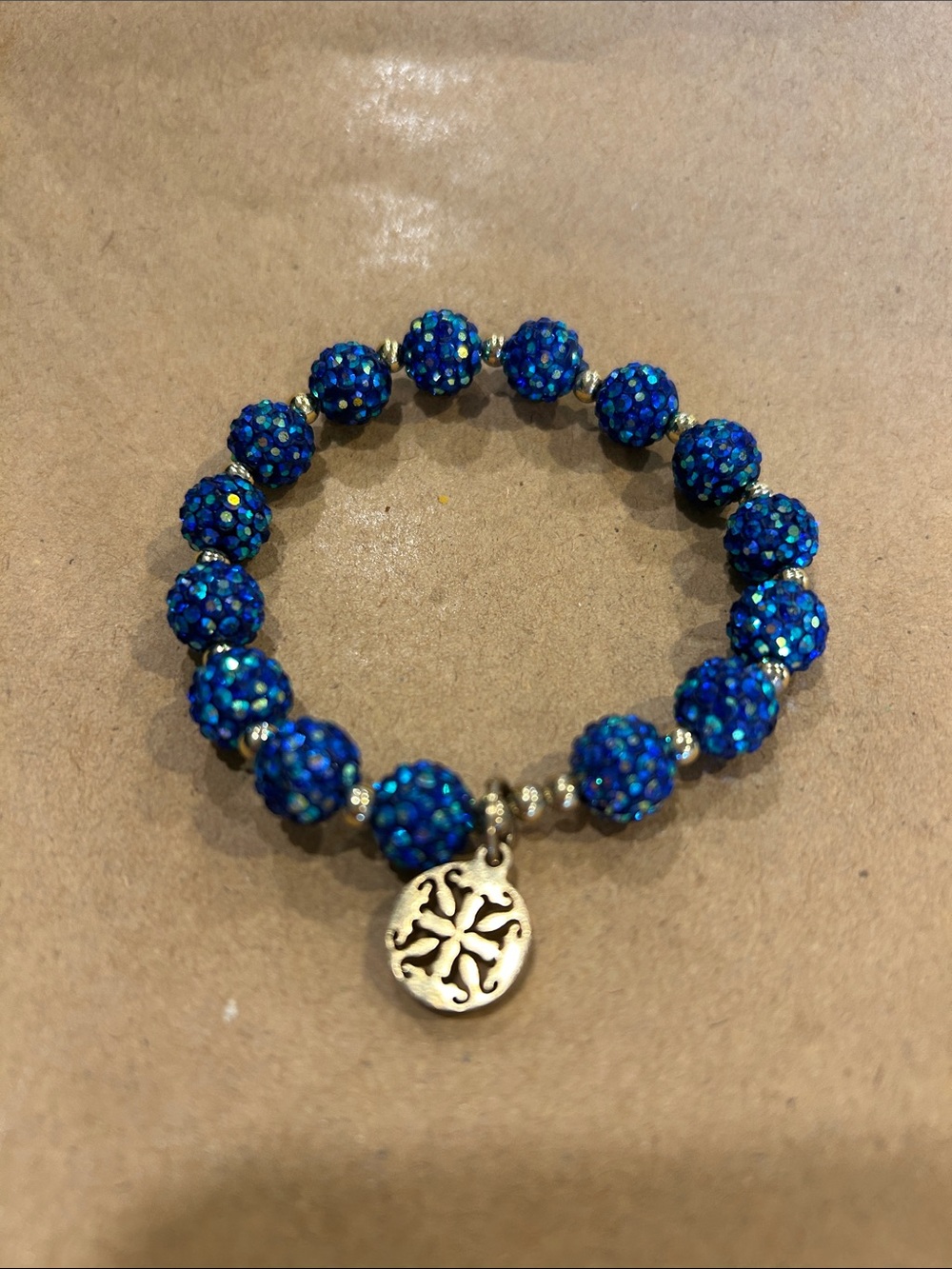 Rustic Cuff Blue Crystal Bead Bracelet with Gold Charm